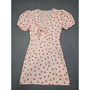 Blue Rain Strawberry Print Pink Gingham Dress Puff Sleeves Tie Front Cottagecore